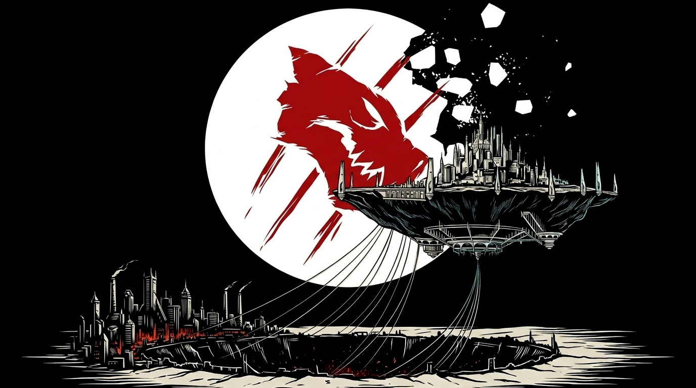 White Fang symbol on the shattered moon above floating Atlas and Mantle's crater rim